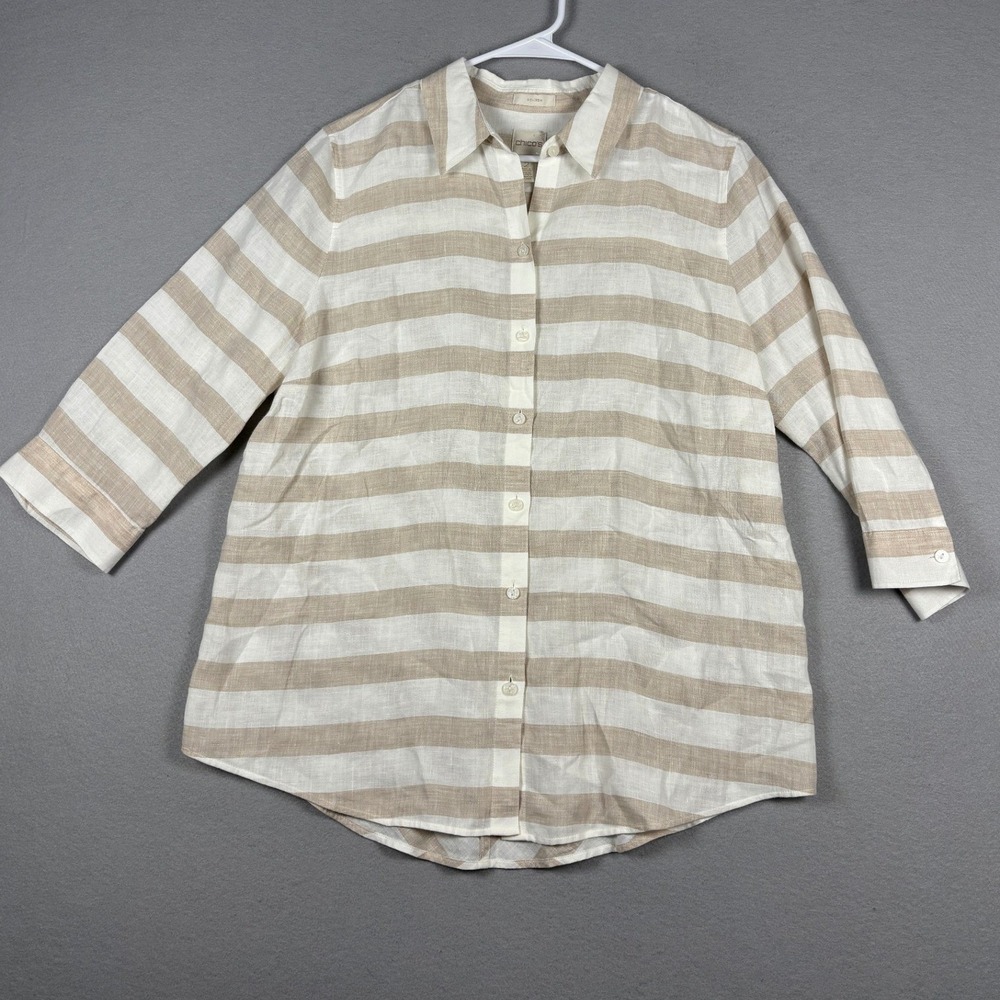 Chico's No-Iron 100% Linen Striped Button Down Shirt Size 2 Tan White